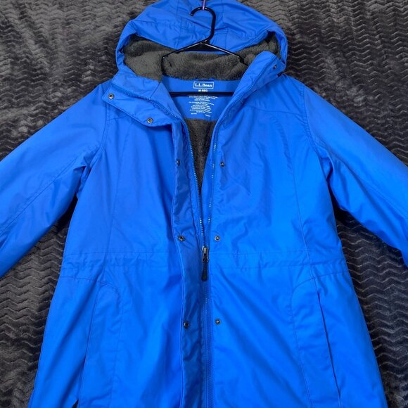 L.L. Bean Blue Hooded Raincoat Jacket Fleece Lined Womens size Medium - Picture 1 of 12